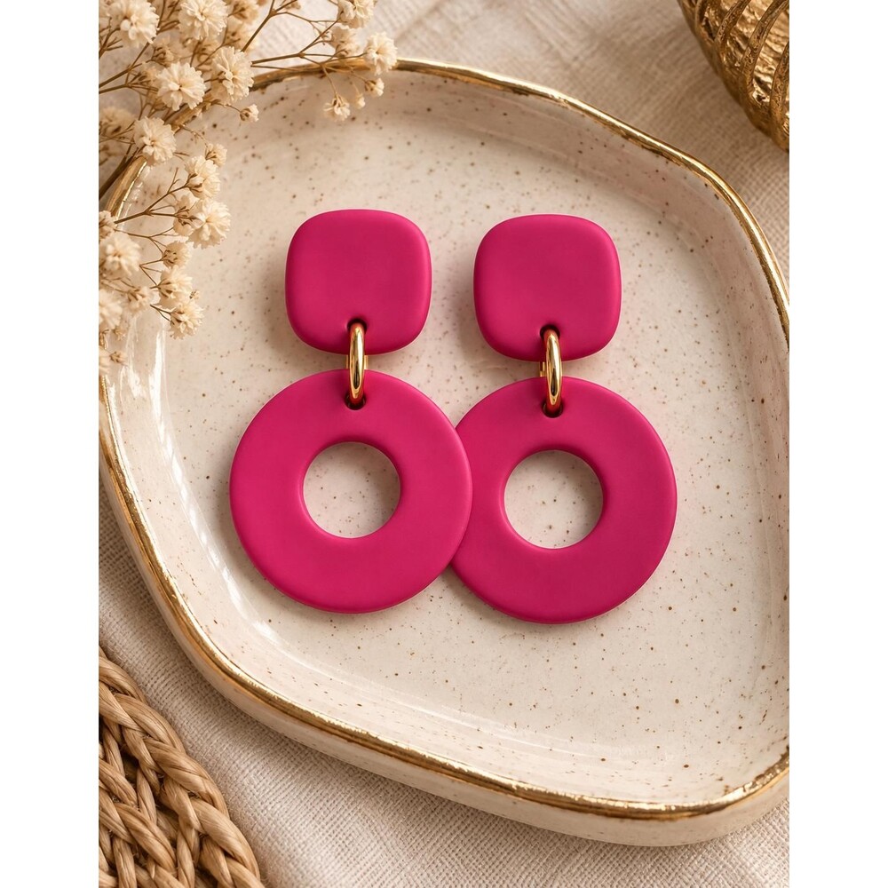 Fuchsia Pink Polymer Clay Earrings, Statement Geometric Dangle Earrings, Gift